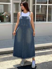 Dazy Plus Dark Wash Distressed Denim Pinafore Maxi A-Line Dress, All Season - Medium Wash - View 3