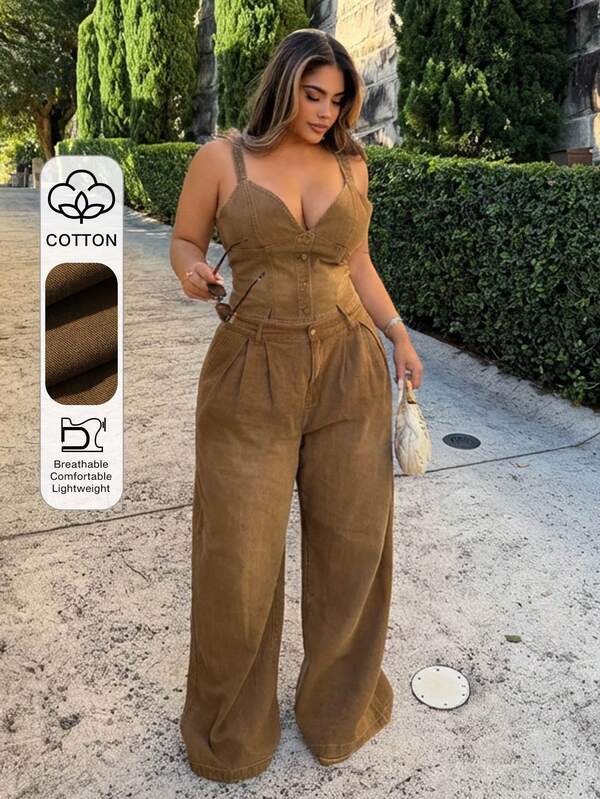 Dazy Plus Conjunto de top con cuello en V lavado y desgastado y jeans rectos casuales, estilo callejero, marrón, talla grande, primavera/verano