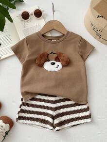 LMoss Kids Baby Boy Knit Solid Color Cute Puppy Pattern T-Shirt And Striped Shorts 2-Piece Set - Brown - View 5