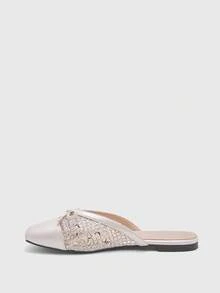 CUCCOO BIZCHIC French Style Flat Slide Sandals For Women, Summer Versatile New Bowknot Woven Closed Toe Mules Spring Shoes - White - View 8