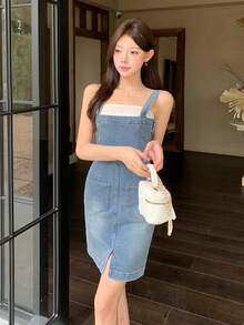 DAZY 女款短版吊帶休閒牛仔洋裝 女孩適用 - 中等水洗藍 - 查看 7
