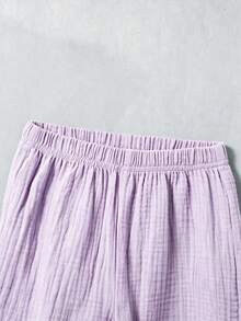 Souflis Souflis 2pcs Young Boy Casual Simple Preppy Cotton Regular Shoulder Short Sleeve Shirt And Shorts Set, Suitable For Daily Wear, Summer, Cotton Linen Birthday - Purple - View 5