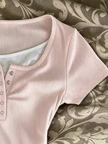 SHEIN Women's Casual Comfortable Breathable Short Sleeve T-Shirt - Pink - View 4