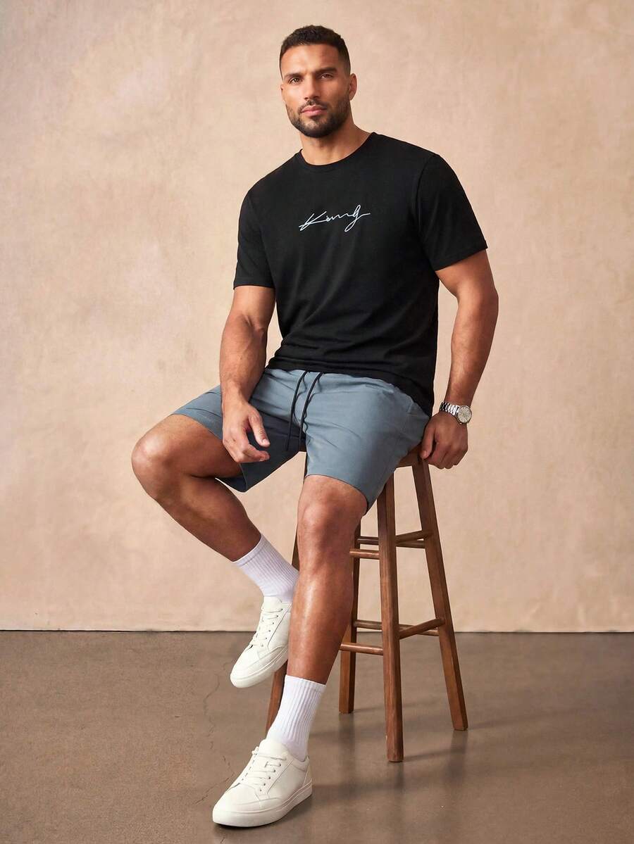 COMVAIL Plus Size Men's Crew Neck Short Sleeve Slogan Print T-Shirt And Shorts Set - Multicolor - View 1