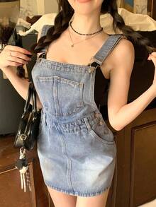 DAZY 春夏復古水洗藍音樂節情人節休閒街頭戶外短褲辣妹女款牛仔吊帶褲 - 藍色 - 查看 8