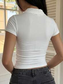 DAZY 女款領口短袖修身性感休閒套頭街頭風T恤 夏季 - 白色 - 查看 4