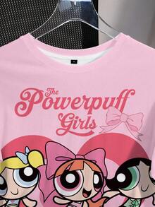 THE POWERPUFF GIRLS X SHEIN Camiseta de manga corta de cuello redondo con estampado de flores, burbujas y botones de mujer, informal y de verano - Blanco - Ver 3