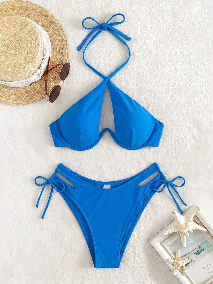 Swim SXY 女款夏季海灘素色掛脖綁帶性感比基尼三角泳褲兩件式泳衣套裝 - 藍色 - 查看 6