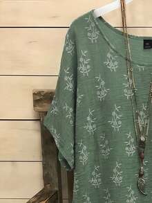 SHEIN LUNE CURVE 大尺碼梭織印花休閒度假風夏季襯衫 - 軍綠色 - 查看 6
