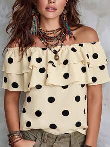 Elenzga Plus Size Women's Classic Polka Dot Print Layered Ruffle Off-Shoulder Blouse - Apricot - View 3
