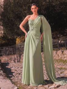 Aureia Abito elegante formale in chiffon verde salvia con perline e strass, scollo a bustier, steccato a pesce, scialle e linea ad A, per invitata a matrimonio, gala, ballo di fine anno, serata, addio al nubilato, estate - Verde - Visualizzare 7