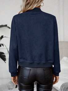 SHEIN Holidaya Women's Solid Color Long Sleeve Zipper Front Baseball Jacket - Navy Blue - View 2