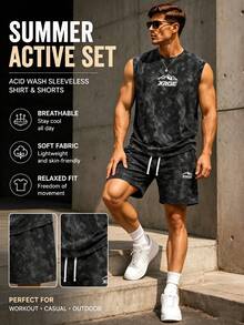 Gym Rark 2件組男士夏季紮染山脈印花戶外登山運動背心短褲套裝，健身房適用 - 黑色 - 查看 3
