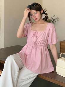 DAZY 女款方領蝴蝶結寬鬆版型夏季襯衫 - 粉色 - 查看 5