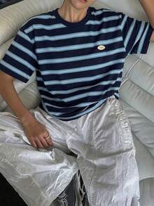 DAZY 女款休閒運動夏季上衣，拼色條紋寬鬆短袖圓領T恤，圖案印花T恤 - 藍色 - 查看 9