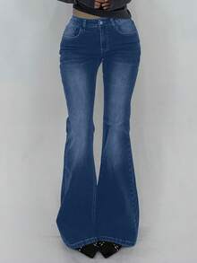 DAZY Distressed Wash Slim Fit Flare Leg Jeans With Pockets For Women Back-To-School Everyday Graduation Blue Summer 2000s Casual - Medium Wash - View 5