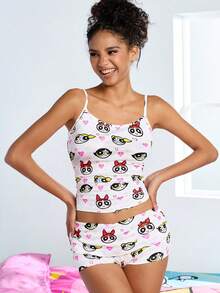 THE POWERPUFF GIRLS X SHEIN 女士服装、吊带背心和短裤睡衣套装、白色、毛茛、泡泡、花朵、PPG、卡通图案、全印花图案、心形图案、Y2K、音乐会服装、狂欢节服装、乡村音乐会服装、可爱、性感、休闲、2025 年春/夏 - 白色 - 查看 4