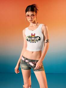 THE POWERPUFF GIRLS X SHEIN Regata recortada com estampa de desenho animado feminino, verão - Branco - Ver 5