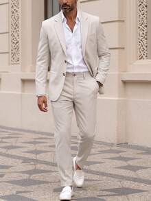 Manfinity Mode Men's Single-Breasted Lapel Solid Color Pocket Casual Blazer, Formal - Apricot - View 4