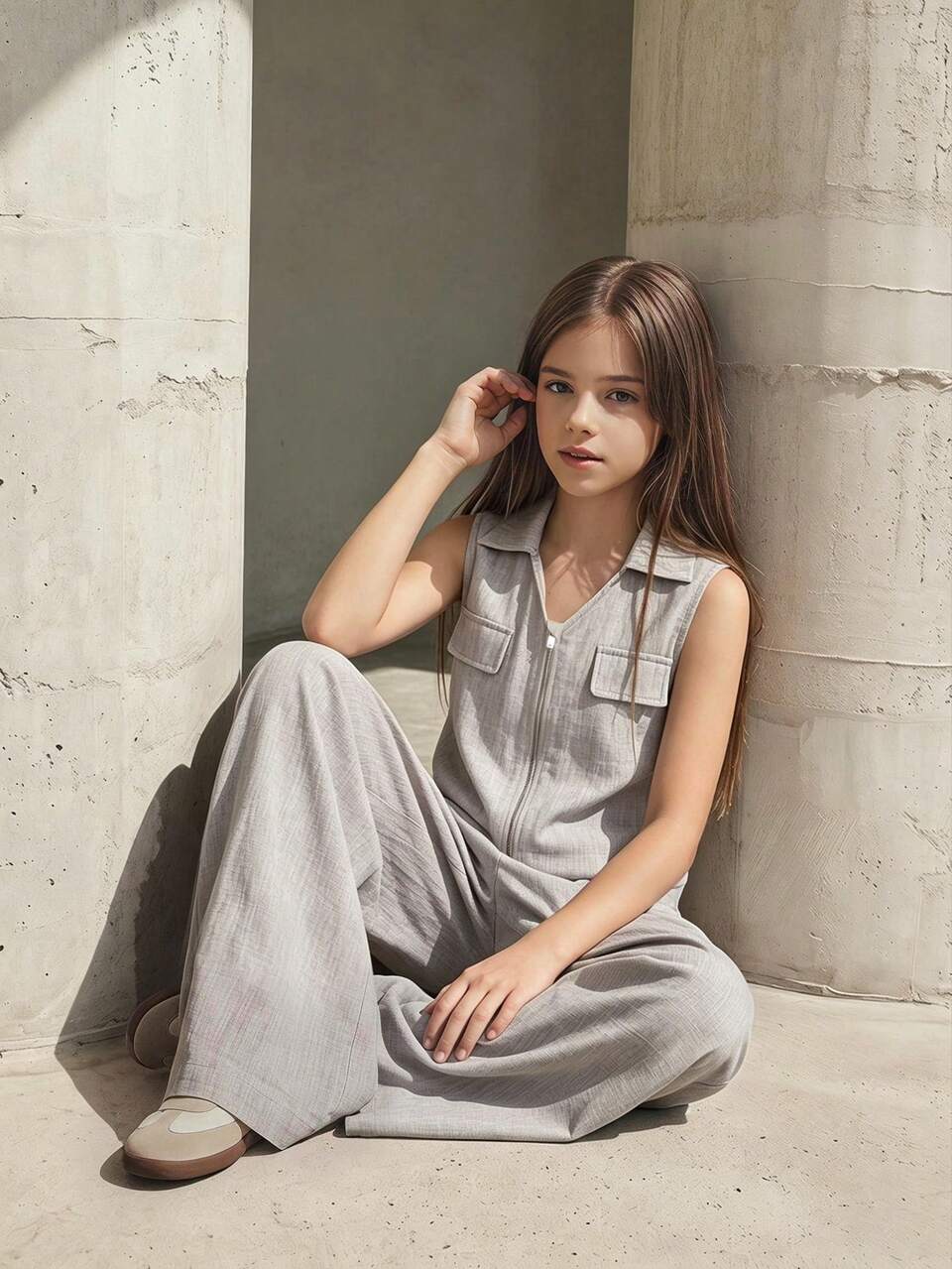 Tween Girl Spring/Summer Casual Fashion Daily Commute Minimalist Solid Color Zip-Up V-Collar Sleeveless Shirt And Wide Leg Pants Set