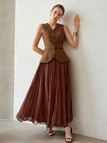 MOTF PREMIUM WOMEN'S 2026 ELEGANT MINIMALIST SOLID COLOR ELASTIC WAIST PLEATED SKIRT - Coffee Brown - View 6