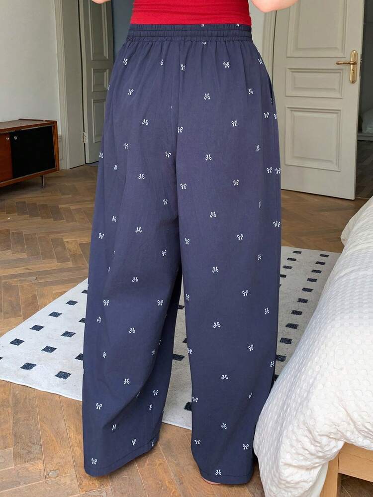 Dazy Plus Loose Elastic Waist Striped Drawstring Pajama Bottoms, All Season - Navy Blue - View 8
