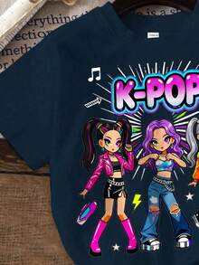 Young Girl Simple Cartoon Girl Portrait Print Short Sleeve T-Shirt And Casual Shorts 2pcs Set Suitable For Summer - Multicolor - View 7