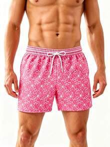 Manfinity Swimmode Men's Floral Print Drawstring Waist Beach Shorts, Holiday - Pink - View 4