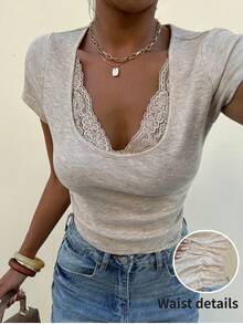 Lavishia Lace Patchwork Pleated Sexy Casual Blouse, Suitable For Summer,Summer Top Everyday Gray - Apricot - View 2