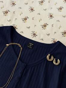 Teen Girl Summer New Snug Fit Versatile Navy Blue Ribbed Knit Round Neck Button Short Sleeve Top - Navy Blue - View 8