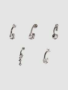 MortiRose 5 pièces Ensembles de bijoux de piercing de corps pour femmes, anneaux de nombril floral cœur sexy de luxe en zircone - Argent - Voir 3