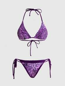 ROMWE Avant 2025 Sexy Vintage Leopard Print Pattern Bikini 2 Pieces Set For Women Vacation Beach Summer - Purple - View 1