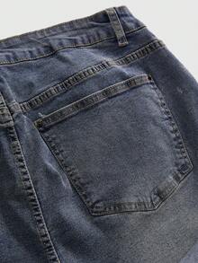 ROMWE Grunge Punk Y2K Vintage Star & Moon Embroidered Plus Size Denim Roll-Up Shorts - Blue - View 4
