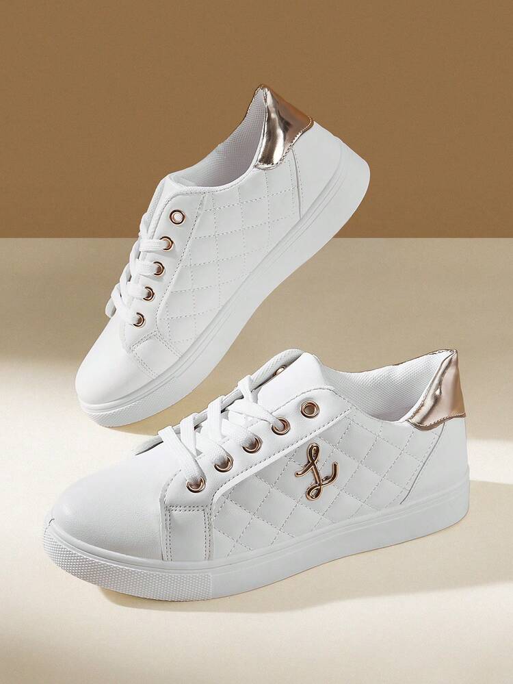 CUCCOO EASI Ladies Lace-Up Rhombus Round Head Flat Bottom Casual Sneakers Casual Style PU Leather White Casual Sneakers Daily, Outdoor, Commuter