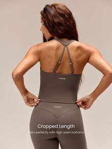 GLOWMODE FeatherFit™ SweetGlow Buttery-Soft Sweetheart Neck Adjustable Back Crop Tank With Removable Cups Yoga Pilates Studio Daily Wear - Moss Green - View 2