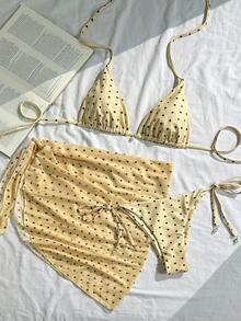 Swim Mod 女款夏季海灘穿搭3件套，黑白隨機波點印花細肩帶珍珠裝飾裙性感比基尼套裝 - 彩色 - 查看 3