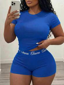 Slaydiva Summer Light Blue Crew Neck Short-Sleeved T-Shirt + Mini Letter Stretch Shorts. Stretch Knit Ribbed Fabric. Plus Size Women's Two Pieces Set. - Blue - View 2