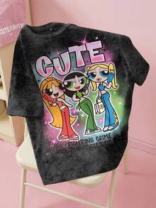THE POWERPUFF GIRLS X SHEIN Women's Casual Letter & Cartoon Print Short Sleeve T-Shirt, Versatile For Daily Wear - White - View 1