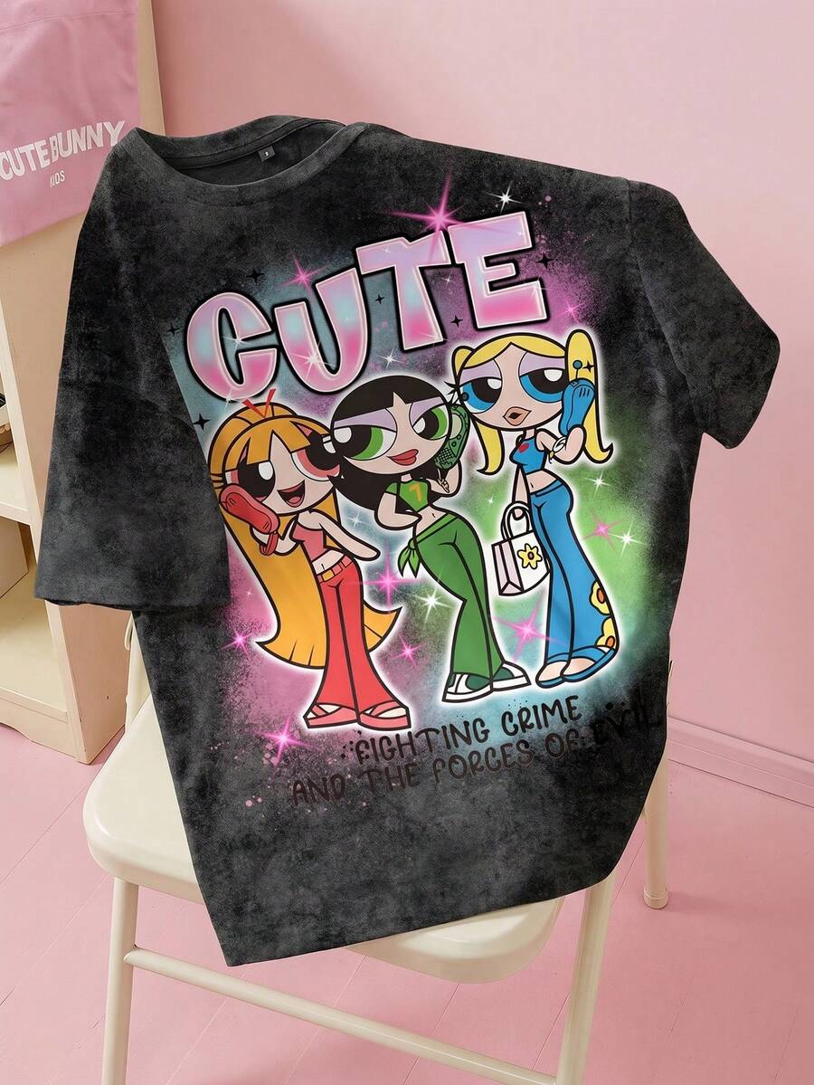 THE POWERPUFF GIRLS X SHEIN Women's Casual Letter & Cartoon Print Short Sleeve T-Shirt, Versatile For Daily Wear - White - View 1