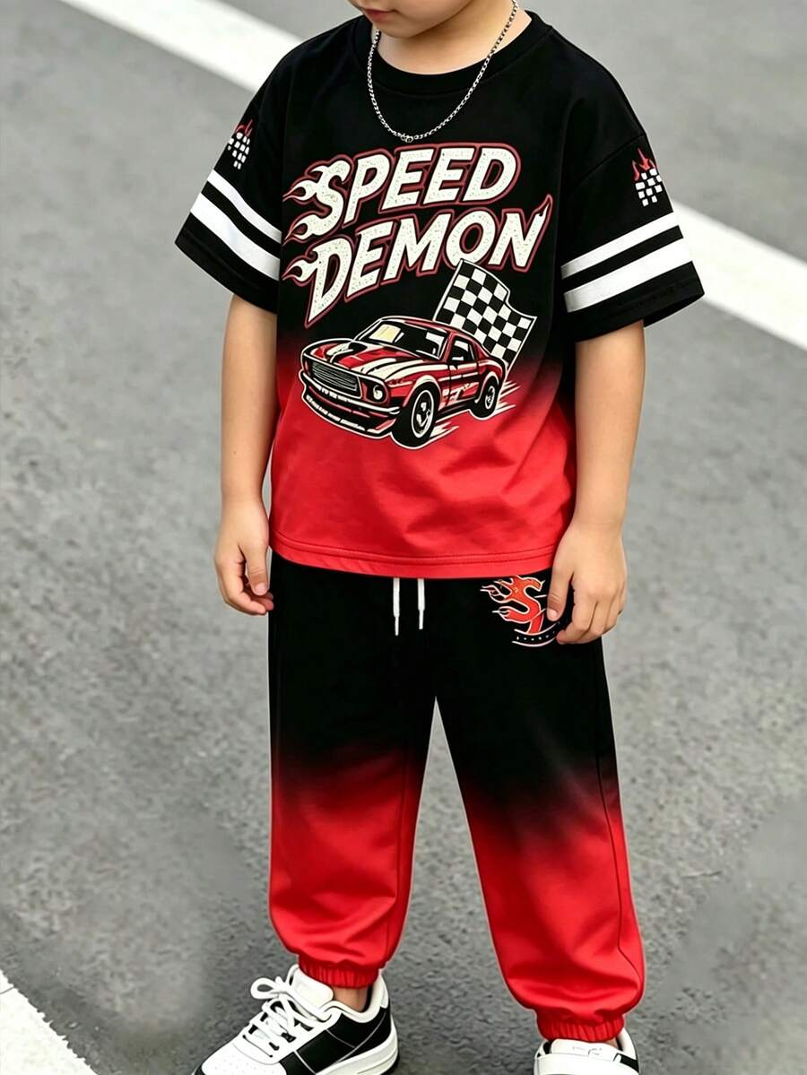 2pcs/Set Kaos Rajut Lengan Pendek Leher Bulat Motif Balap Jalanan Modis untuk Anak Laki-Laki & Celana Panjang Olahraga, Kain Nyaman, Pas, Gaya Baru Musim Semi/Panas, Cocok untuk Berbagai Musim dan Acara - Merah - View 1