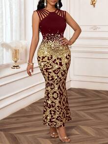 SHEIN Lady 2025 New Women's Elegant Leopard Print Fishtail Hem Burgundy Dress, Summer,Cheetah Print - Burgundy - View 5