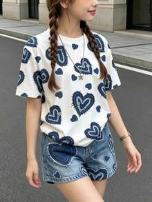 SHEIN 夏季甜美可愛青少年女孩圓領短袖愛心圖案T恤藍色短褲2件套 - 彩色 - 查看 4