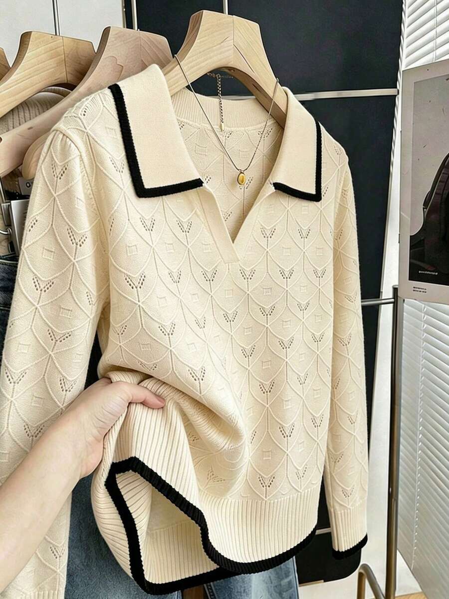 Franclia 女款翻領長袖杏色休閒毛衣,適合秋季日常通勤 - 彩色 - 查看 1