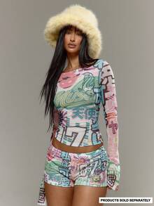 MUSERA Graphic Printed Mesh MIcro Hotpant Low Rise Short Only Spring Summer Holiday Vacation Ibiza Festival Y2K Psyche Fall Autumn Winter - White - View 2