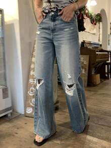DAZY Women's Regular Waist Distressed Street Casual Denim Jeans - Medium Wash - View 2