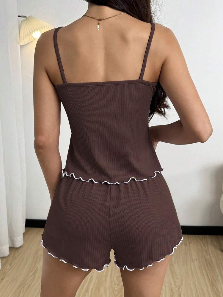 SHEIN Ins Minimalist Style Purple Casual Ribbed Women's Loungewear Pajamas Suitable For Outdoor Wear - Brown - View 3