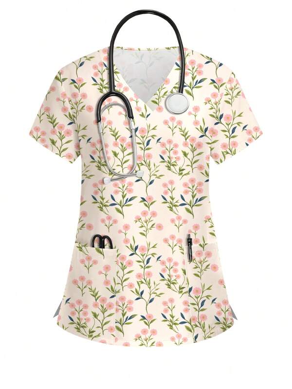 PopScrub Áo đồng phục y tá nữ họa tiết hoa hồng, thời trang xuân/hè cổ chữ V tay ngắn thiết kế hai túi xẻ hông, áo scrub nữ dễ thương, áo đồng phục