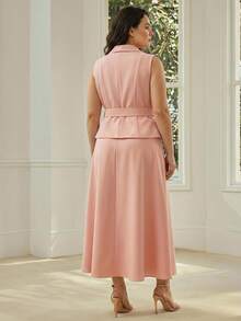 MOTF PREMIUM WOMEN'S PLUS SIZE ELEGANT COMMUTER WAIST-CINCHED WAISTCOAT & 2 SKIRT PIECES SET - Pink - View 4