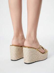 ROMWE Fairycore Ladies' Fashionable Summer Simple Wedge Sandals - Gold - View 3