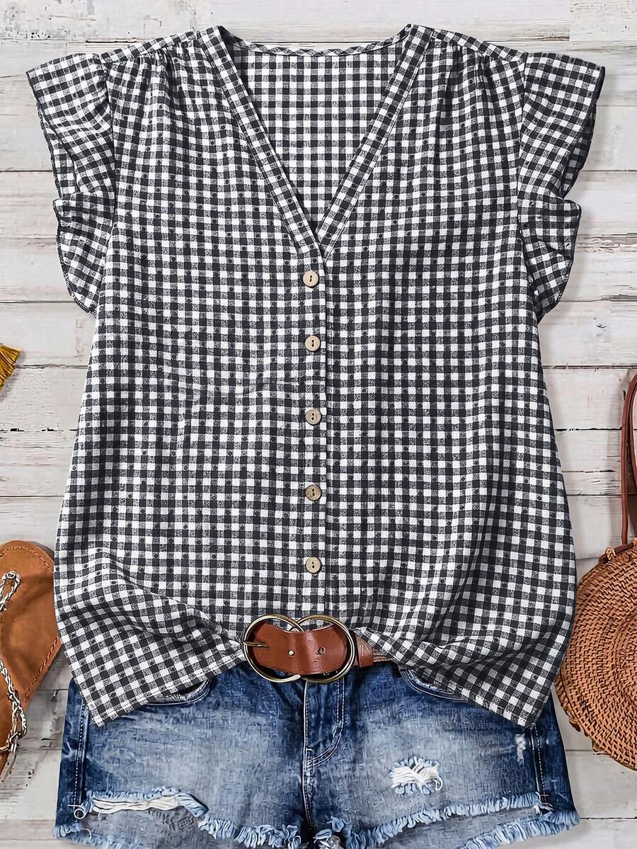SHEIN Clasi Women's Plaid Button V-Neck Ruffle Cuff Blouse - Black and White - View 1